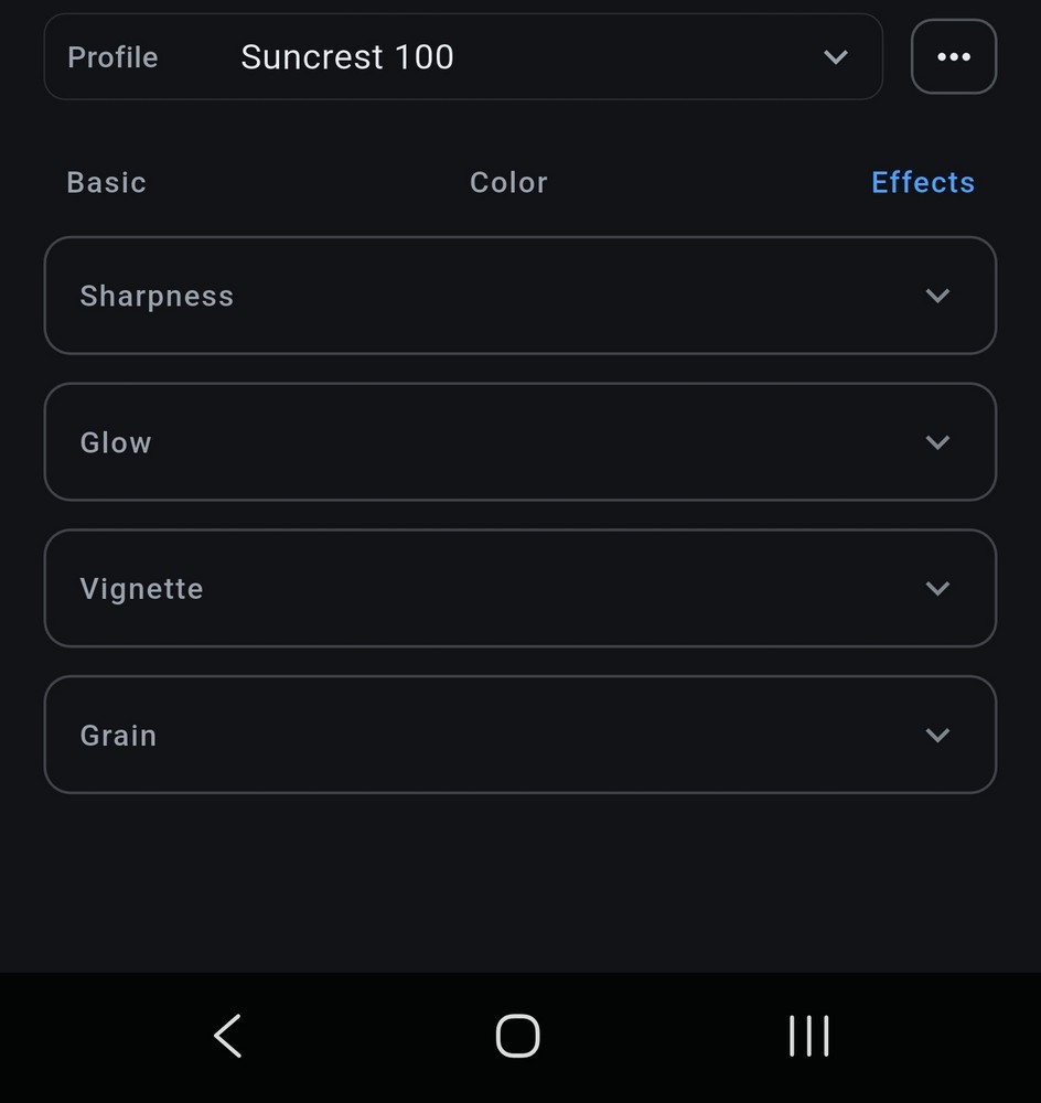 VX Camera Glow and halation color grading panel
